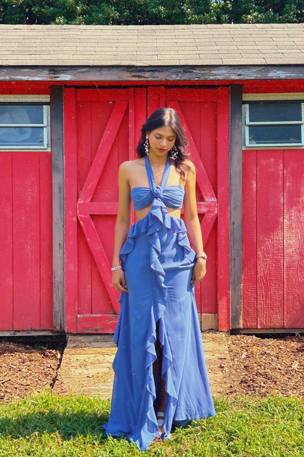 Haze Blue Halter A-Line 3D Floral Ruffle Dress