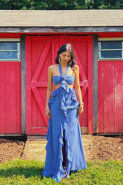 Haze Blue Halter A-Line 3D Floral Ruffle Dress