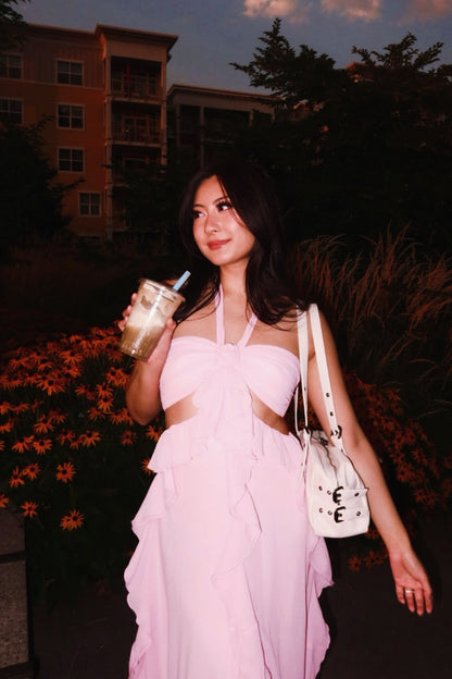 Haze Blue Halter A-Line 3D Floral Ruffle Dress