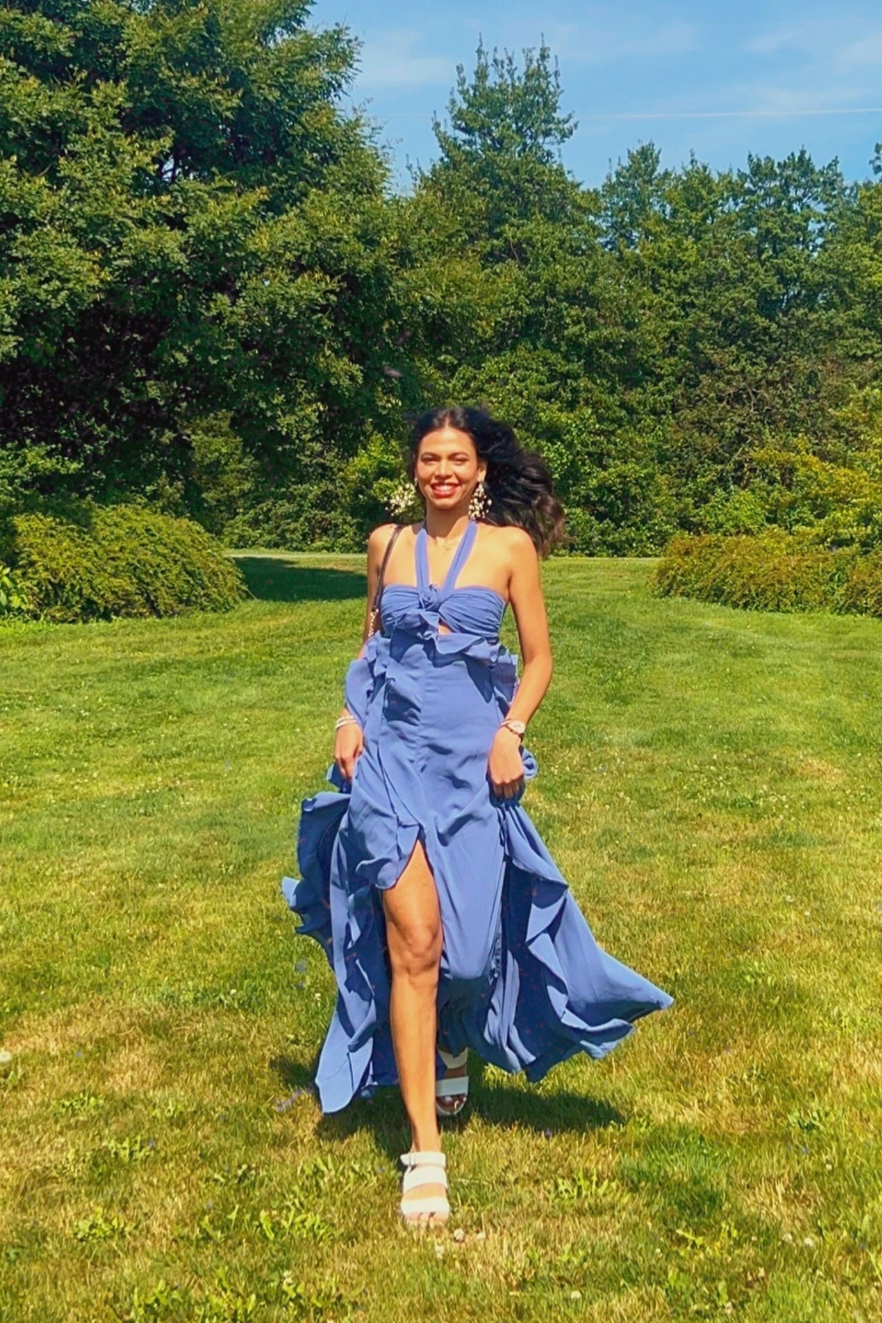 Haze Blue Halter A-Line 3D Floral Ruffle Dress