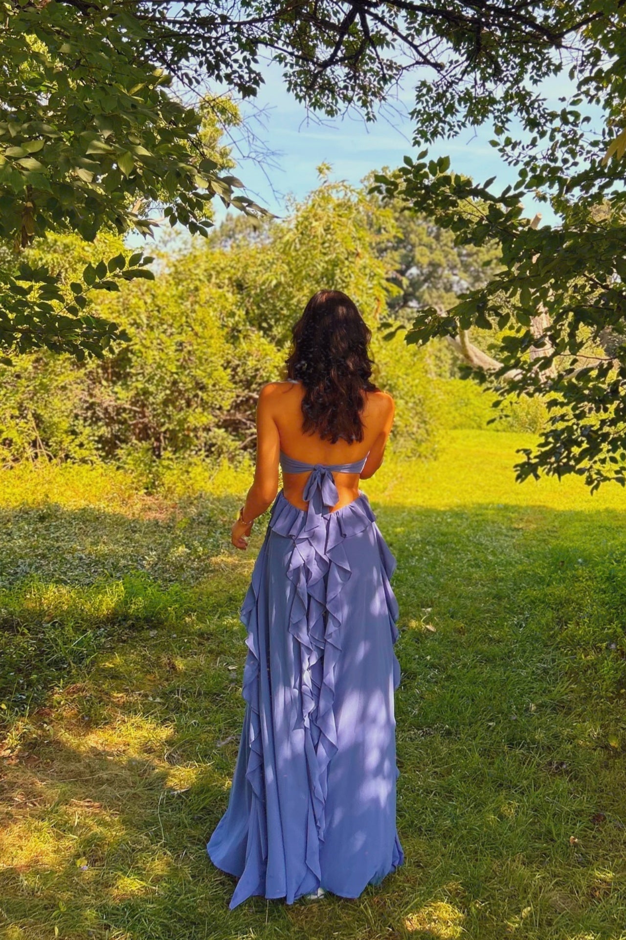 Haze Blue Halter A-Line 3D Floral Ruffle Dress