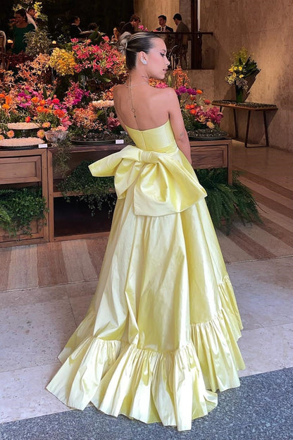 Yellow Strapless Back Bow A-line Ball Gown Prom Dress