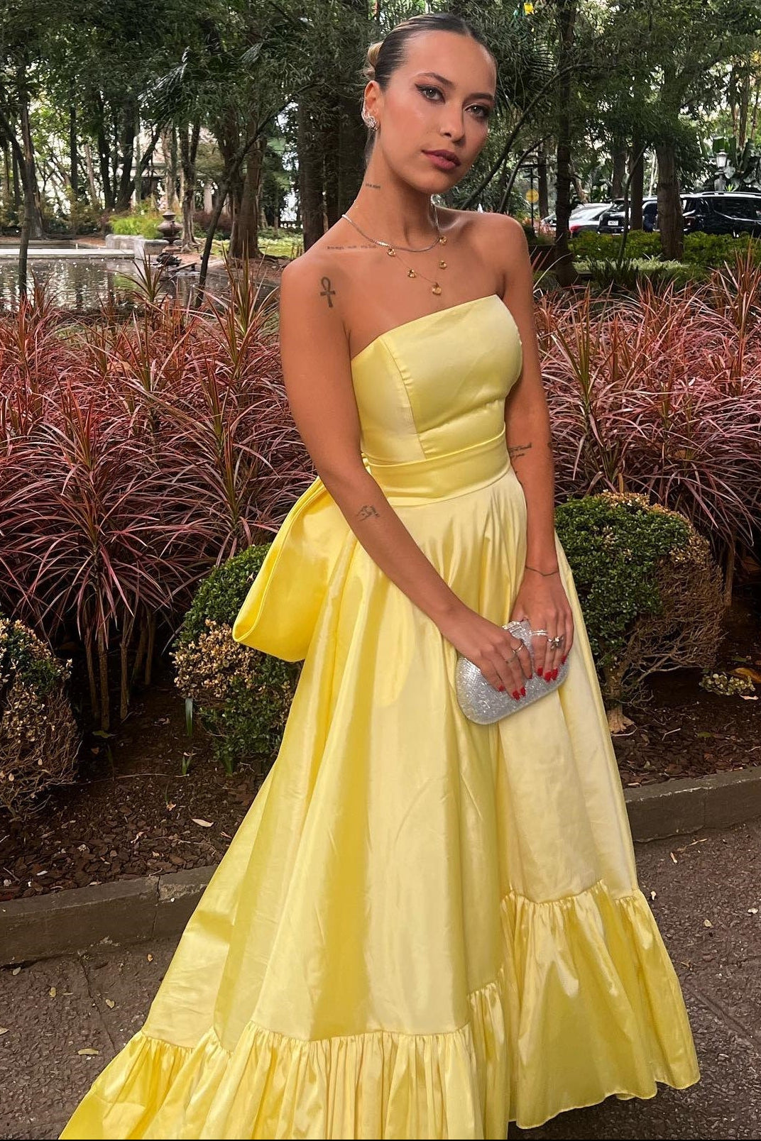 Yellow Strapless Back Bow A-line Ball Gown Prom Dress