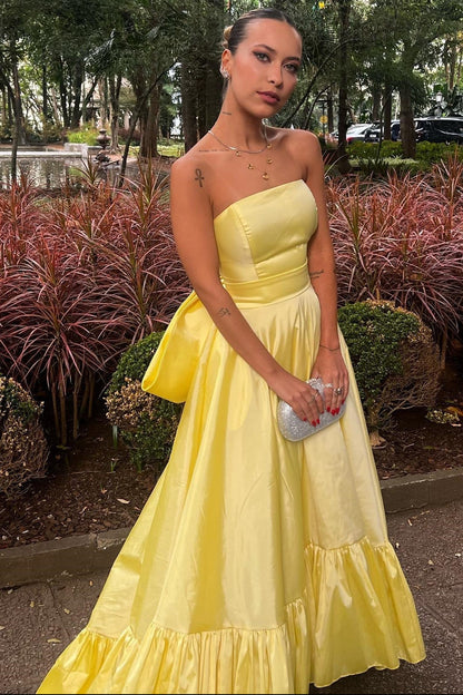 Yellow Strapless Back Bow A-line Ball Gown Prom Dress