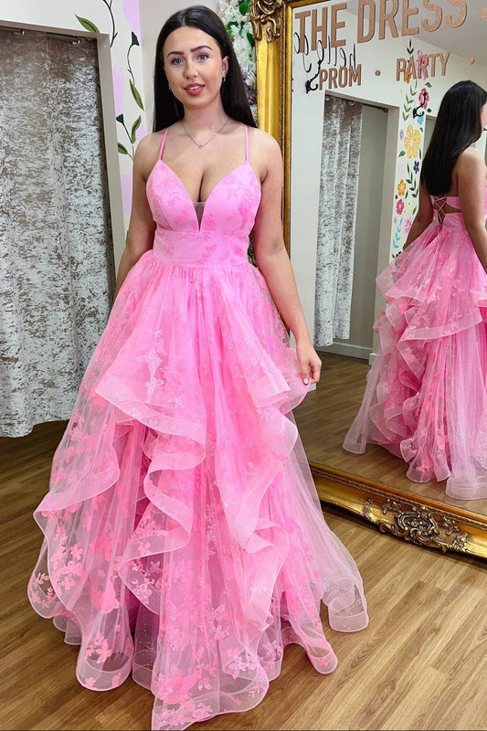 V-Neck Spaghetti Straps Sequined Applique Tulle Pleated Tiered A-Line Prom Dress