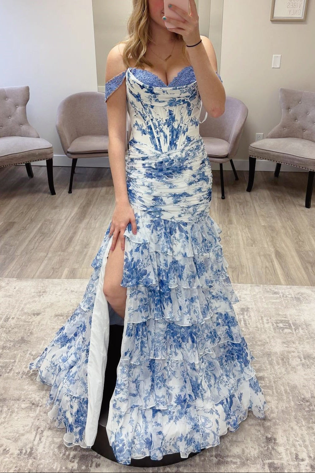 Blue Off-the-shoulder Floral Ruffled Fitted Dress