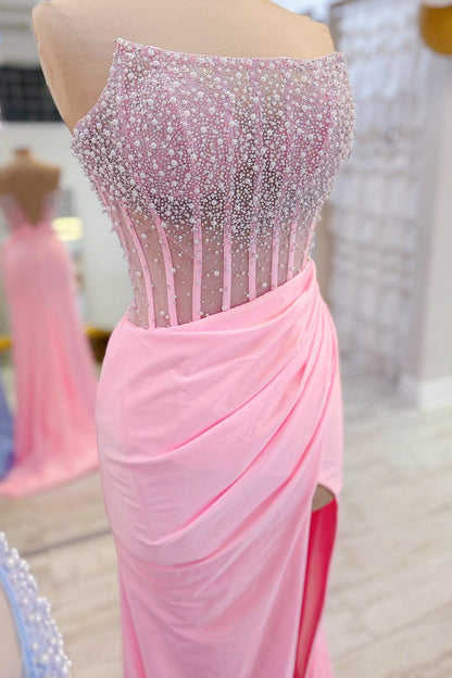 Lavender Strapless Pearls Mermaid Prom Dress