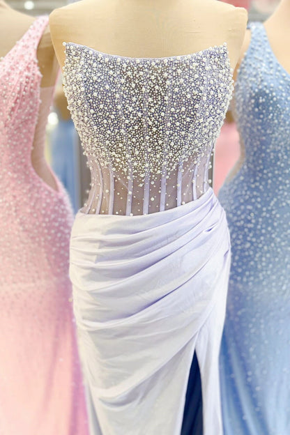 Lavender Strapless Pearls Mermaid Prom Dress