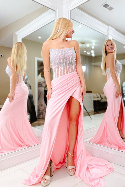 Lavender Strapless Pearls Mermaid Prom Dress