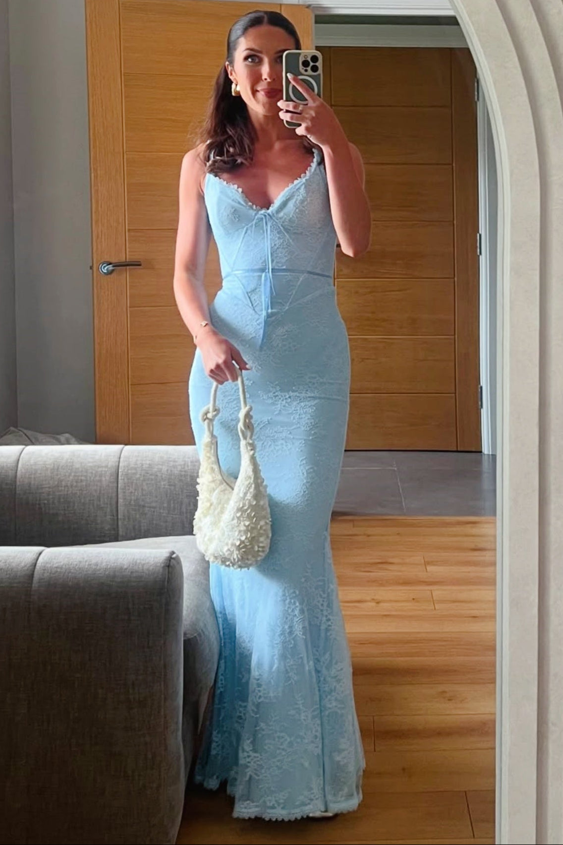 Light Blue Lace Fitted Long Dress