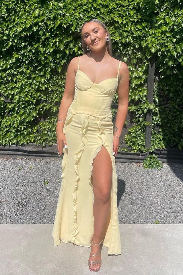 Yellow Boned Corset Slit Ruffle Long Dress
