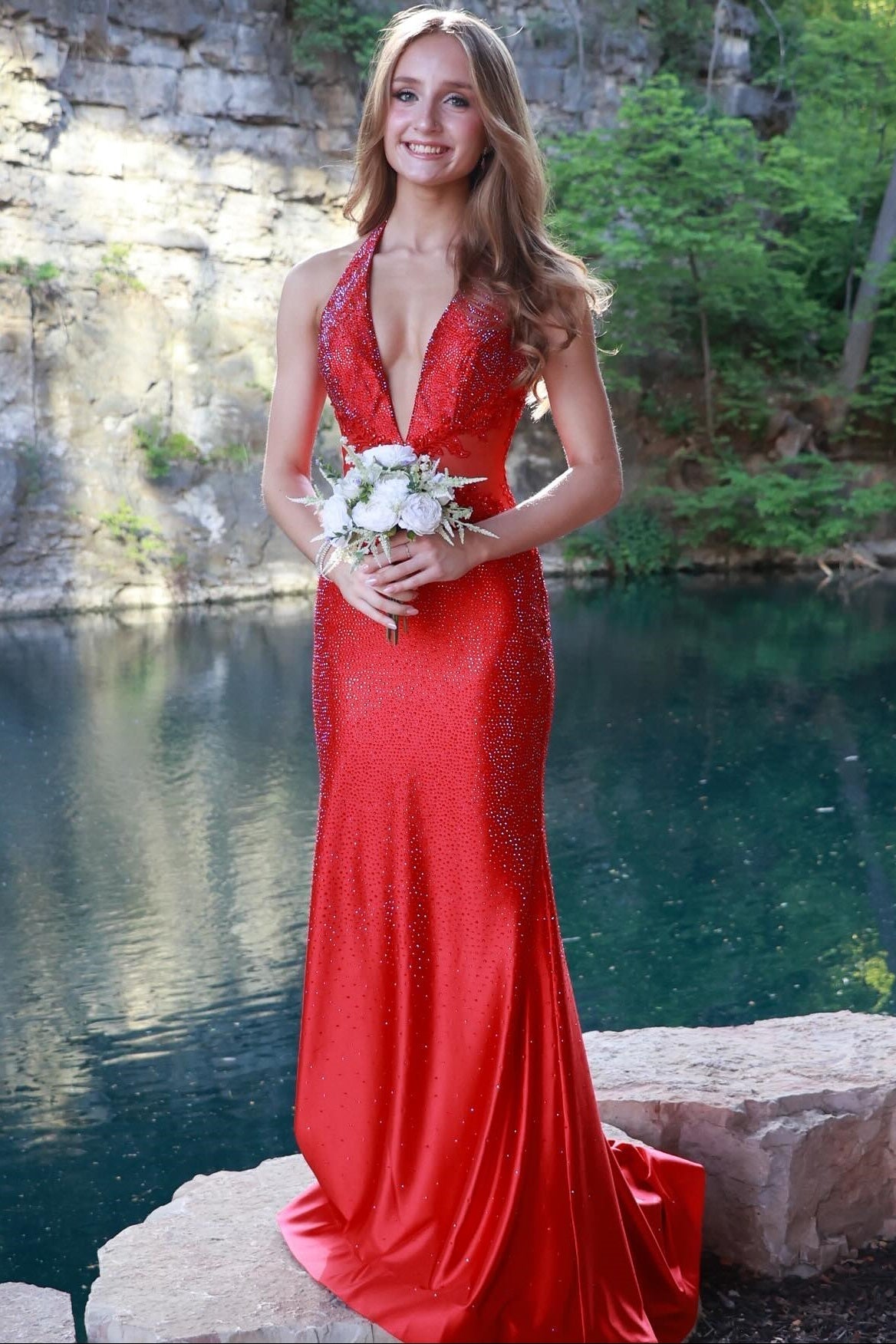 Halter Deep V-Neck Sleeveless Fully Beaded Satin Mermaid Prom Dress