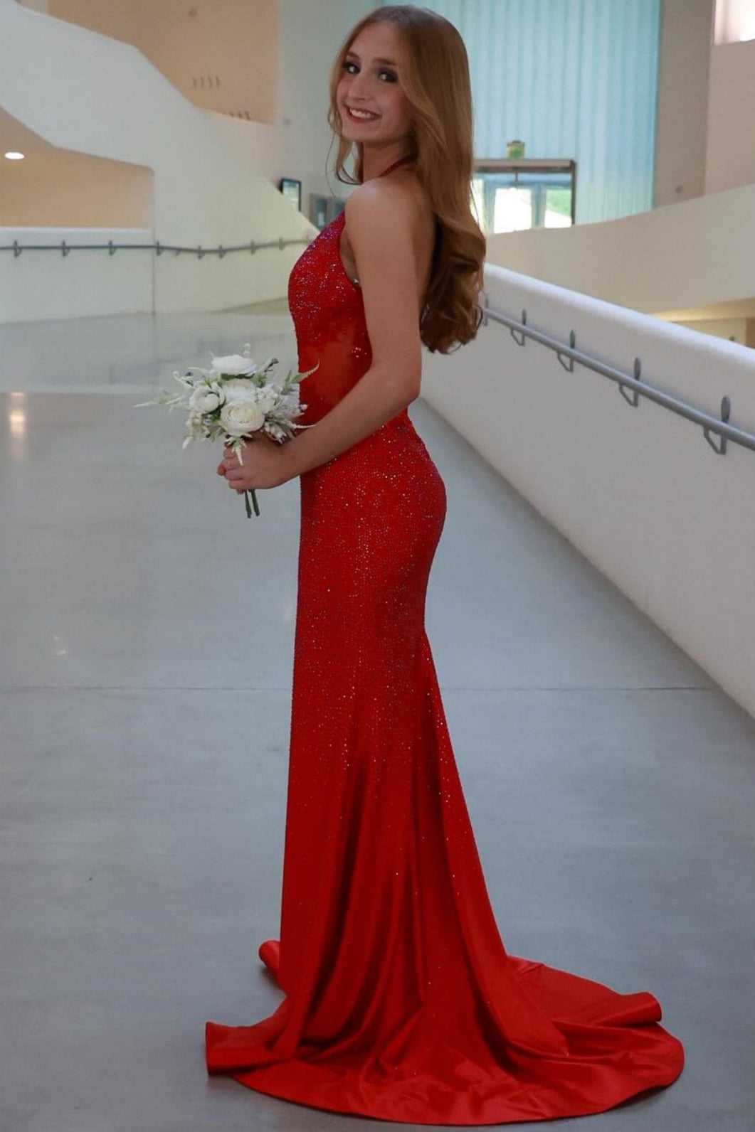 Halter Deep V-Neck Sleeveless Fully Beaded Satin Mermaid Prom Dress