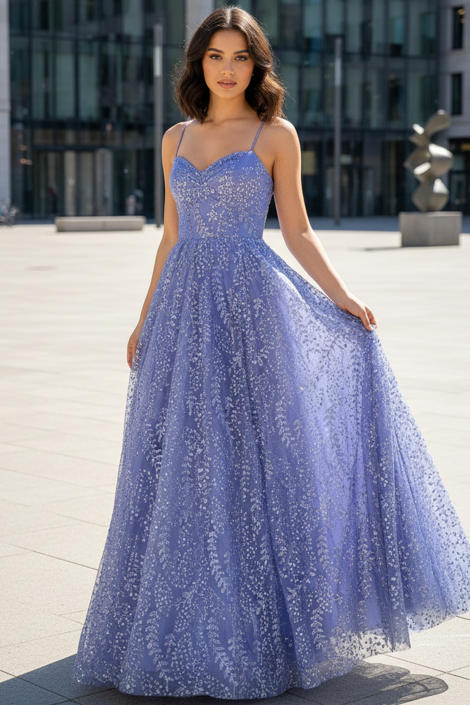 Spaghetti Straps Sweetheart Fully Sequined Beaded Tulle A-Line Prom Dress