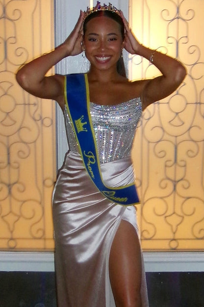 Scoop-Neck Sleeveless Rhinestone Satin Pleated Mermaid Prom Dress