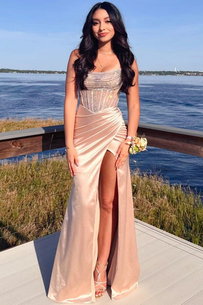 Scoop-Neck Sleeveless Rhinestone Satin Pleated Mermaid Prom Dress