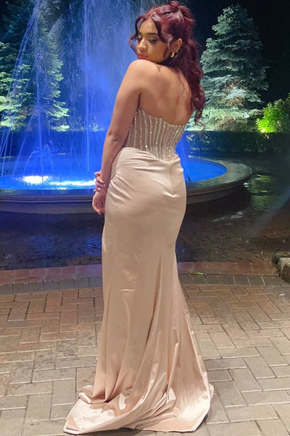 Scoop-Neck Sleeveless Rhinestone Satin Pleated Mermaid Prom Dress