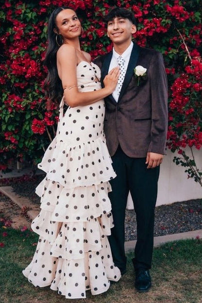 Sweetheart White Polka Dots Cutout Fitted Tiered Prom Dress
