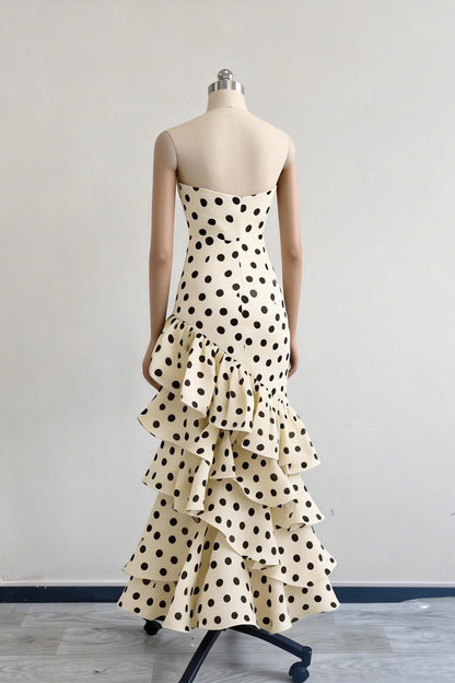 Sweetheart White Polka Dots Cutout Fitted Tiered Prom Dress