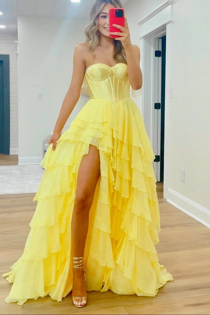 Yellow Corset Sweetheart Slit A-line Ruffle Formal Dress