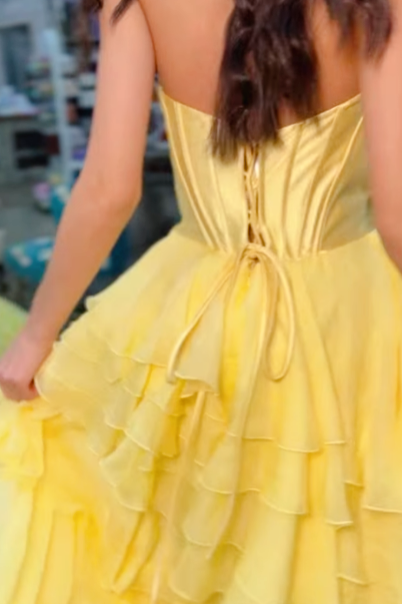 Yellow Corset Sweetheart Slit A-line Ruffle Formal Dress