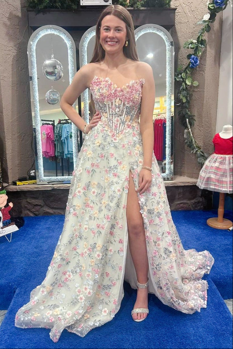 Pink Sweetheart A-line Floral Appliques Slit Prom Dress Princess Dress