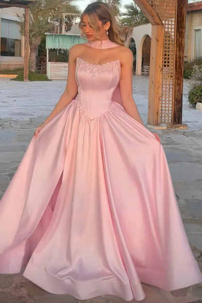 Sequined Applique Satin Pleated A-Line Prom Dress with Train