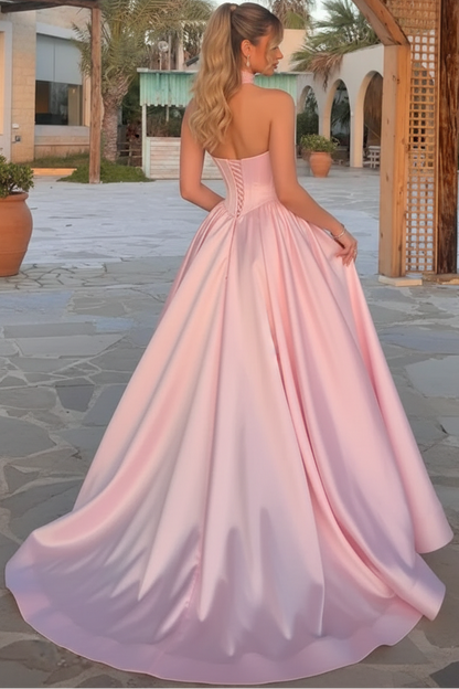 Sequined Applique Satin Pleated A-Line Prom Dress with Train