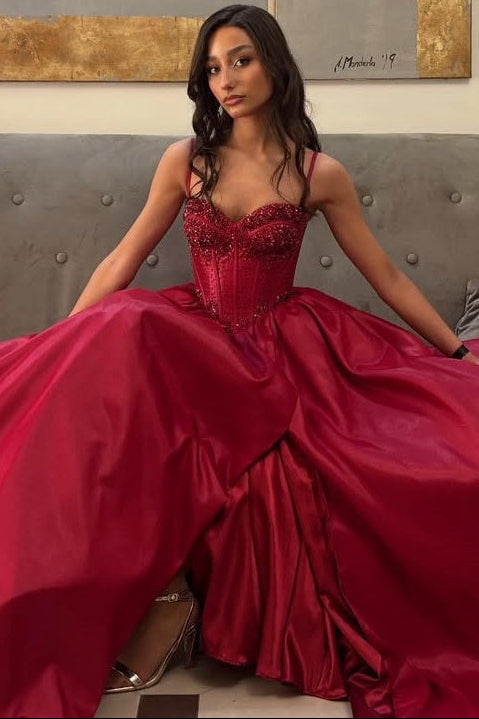 Sweetheart Spaghetti Straps Beaded Floor-length A-Line Prom Dress