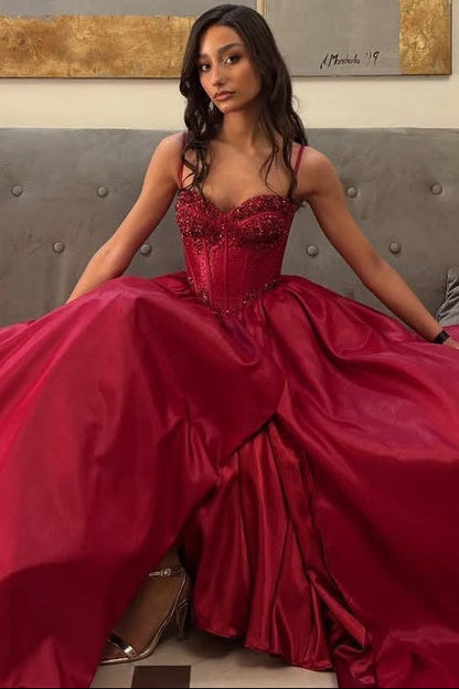 Sweetheart Spaghetti Straps Beaded Floor-length A-Line Prom Dress
