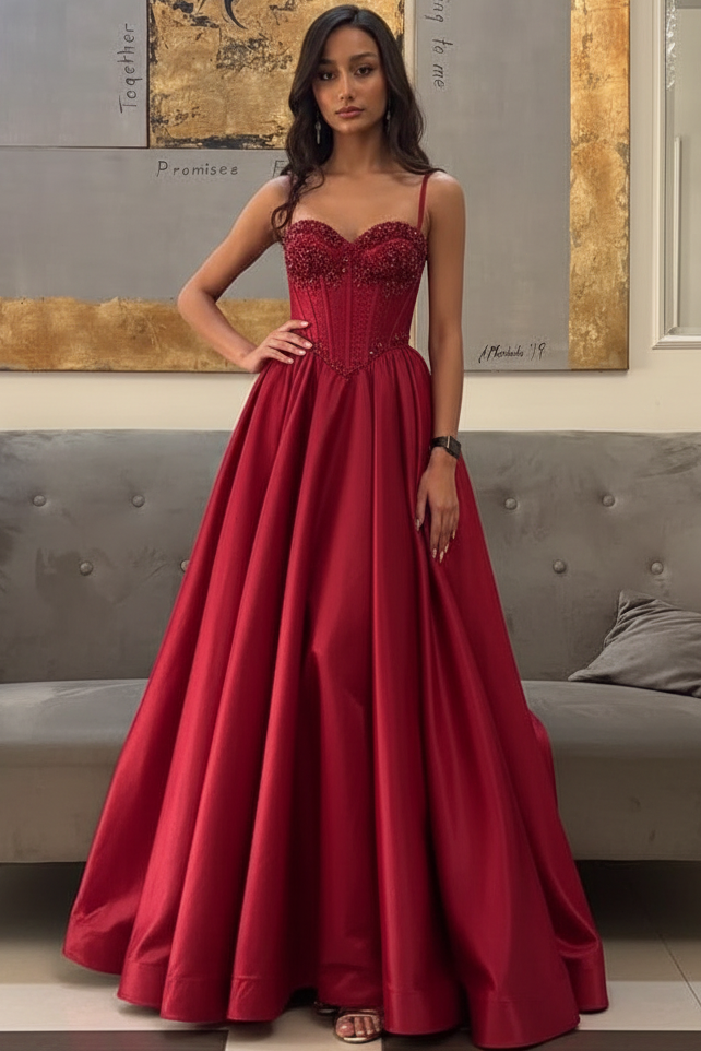 Sweetheart Spaghetti Straps Beaded Floor-length A-Line Prom Dress