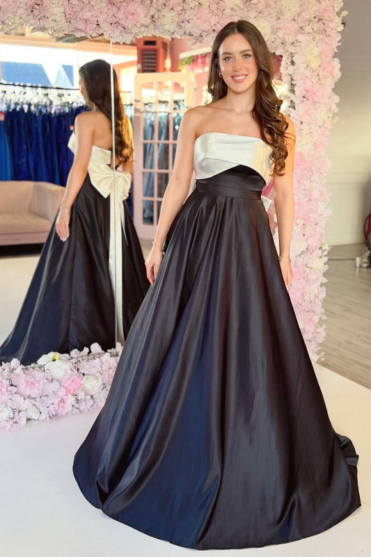 Black and White Bow Satin Ball Gown