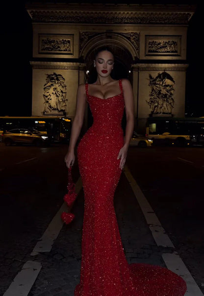 Sexy Mermaid Square Neck Gold Sequin Prom Dress
