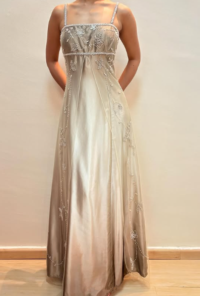 Spaghetti Straps Satin Tulle Beaded Prom Dress