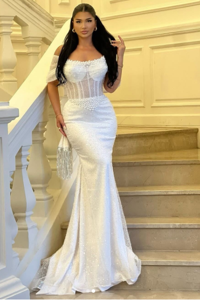 Chic Mermaid Long Wedding Dresses  Beaded Tulle Dress