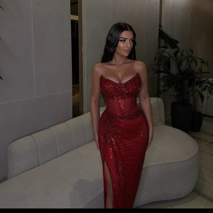 Sweethear Sequins Sparkle Sleeveless Mermaid Side Slit Prom Dress