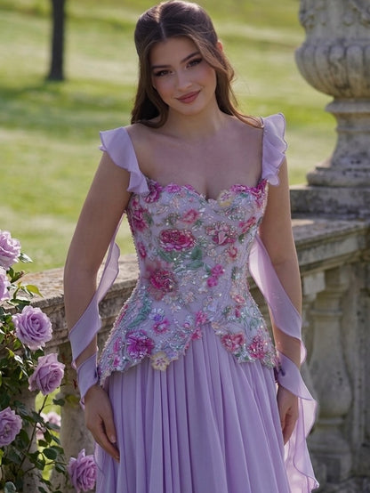 Romantic Floral Embroidered Chiffon A-Line Gown