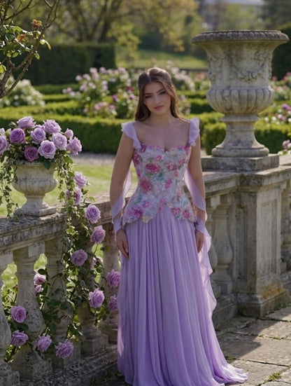 Romantic Floral Embroidered Chiffon A-Line Gown