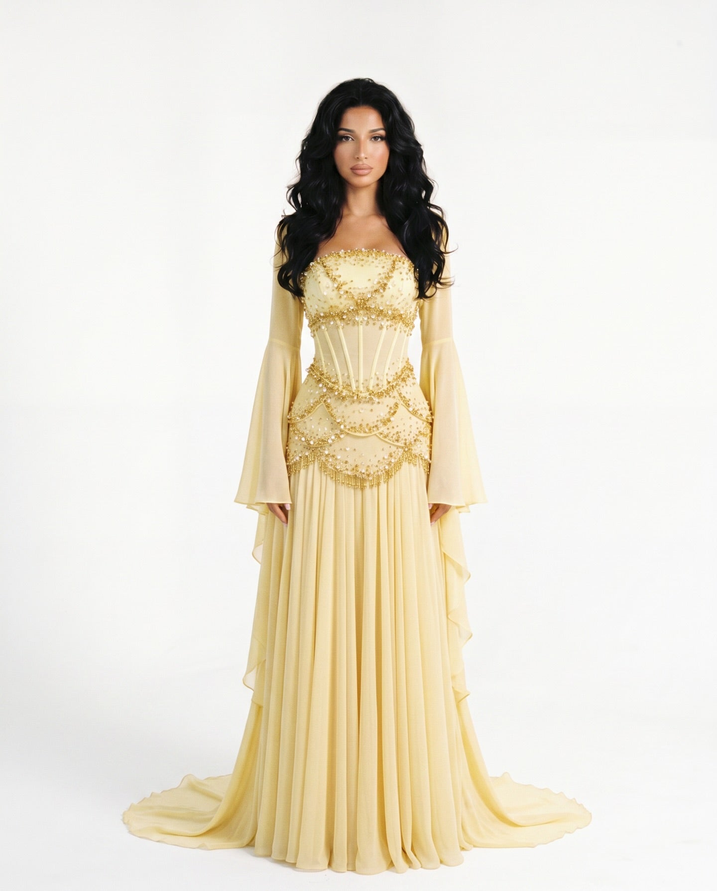 Embellished Corset Evening Gown with Bell Sleeve Jacket
