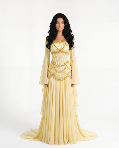 Embellished Corset Evening Gown with Bell Sleeve Jacket