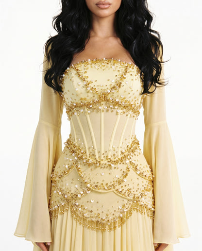 Embellished Corset Evening Gown with Bell Sleeve Jacket