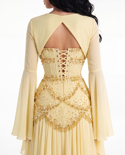 Embellished Corset Evening Gown with Bell Sleeve Jacket