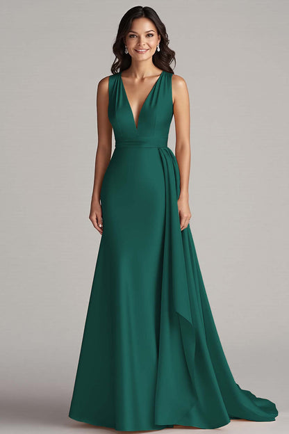 Champagne Satin V-Neck Mermaid Long Formal Dress