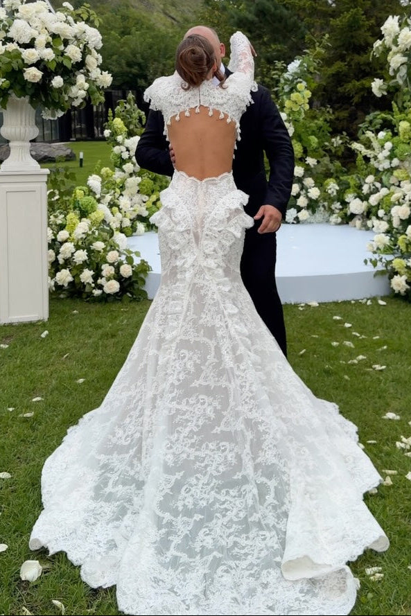 Long Sleeve Lace Bridal Gown with Dramatic Veil
