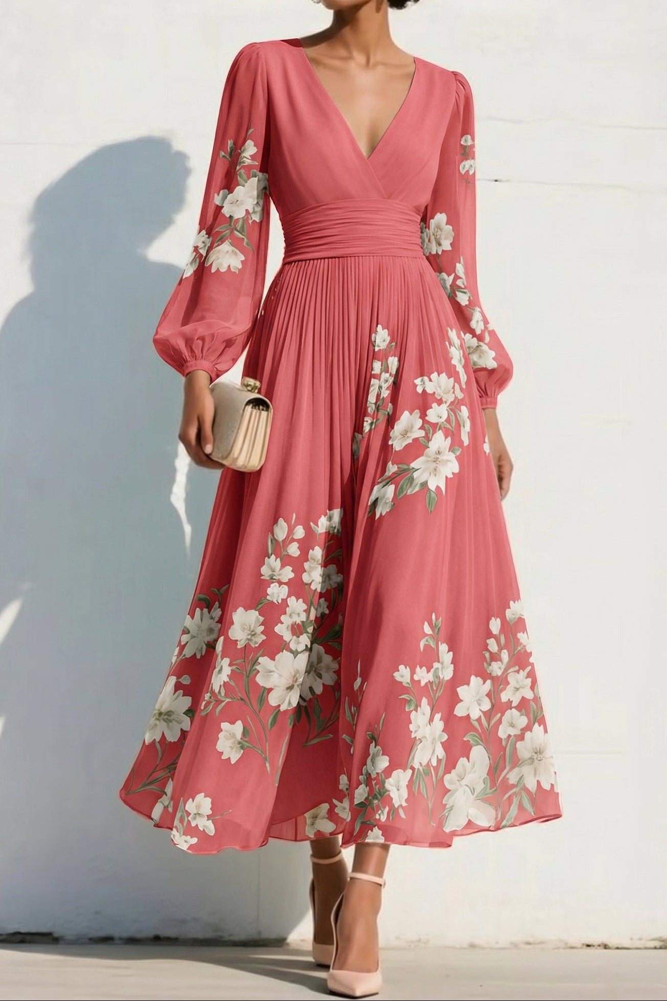 V-Neck Print-Chiffon Pleated Tea-Length Mother of the Bride Dress