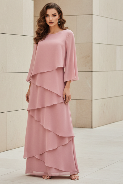 Long Sleeve Chiffon Dress with Cascading Ruffles Dusty Rose