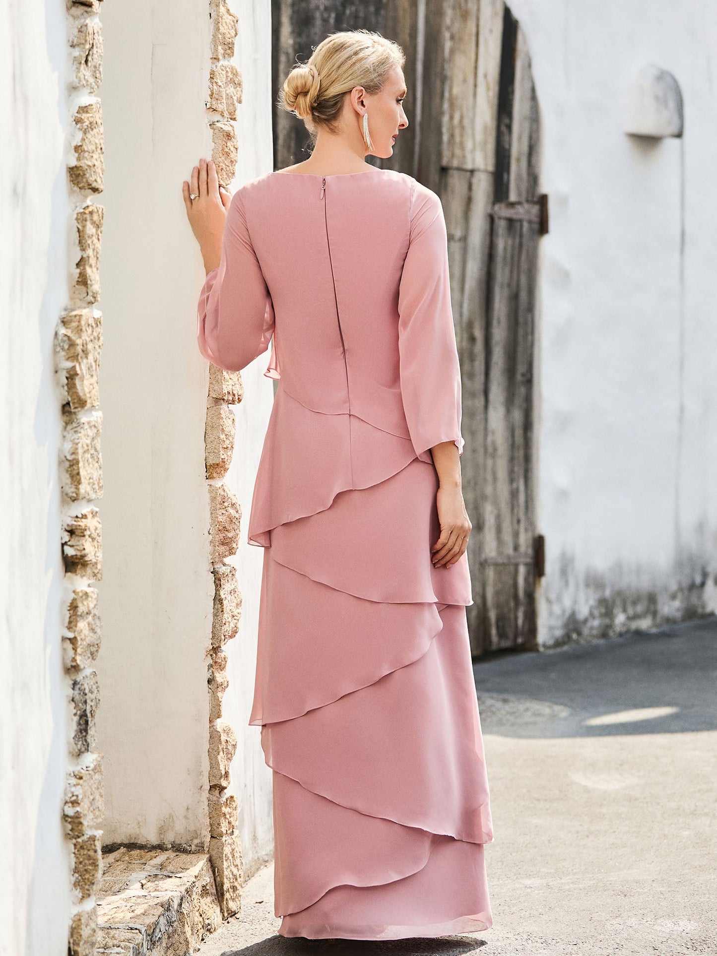 Long Sleeve Chiffon Dress with Cascading Ruffles Dusty Rose