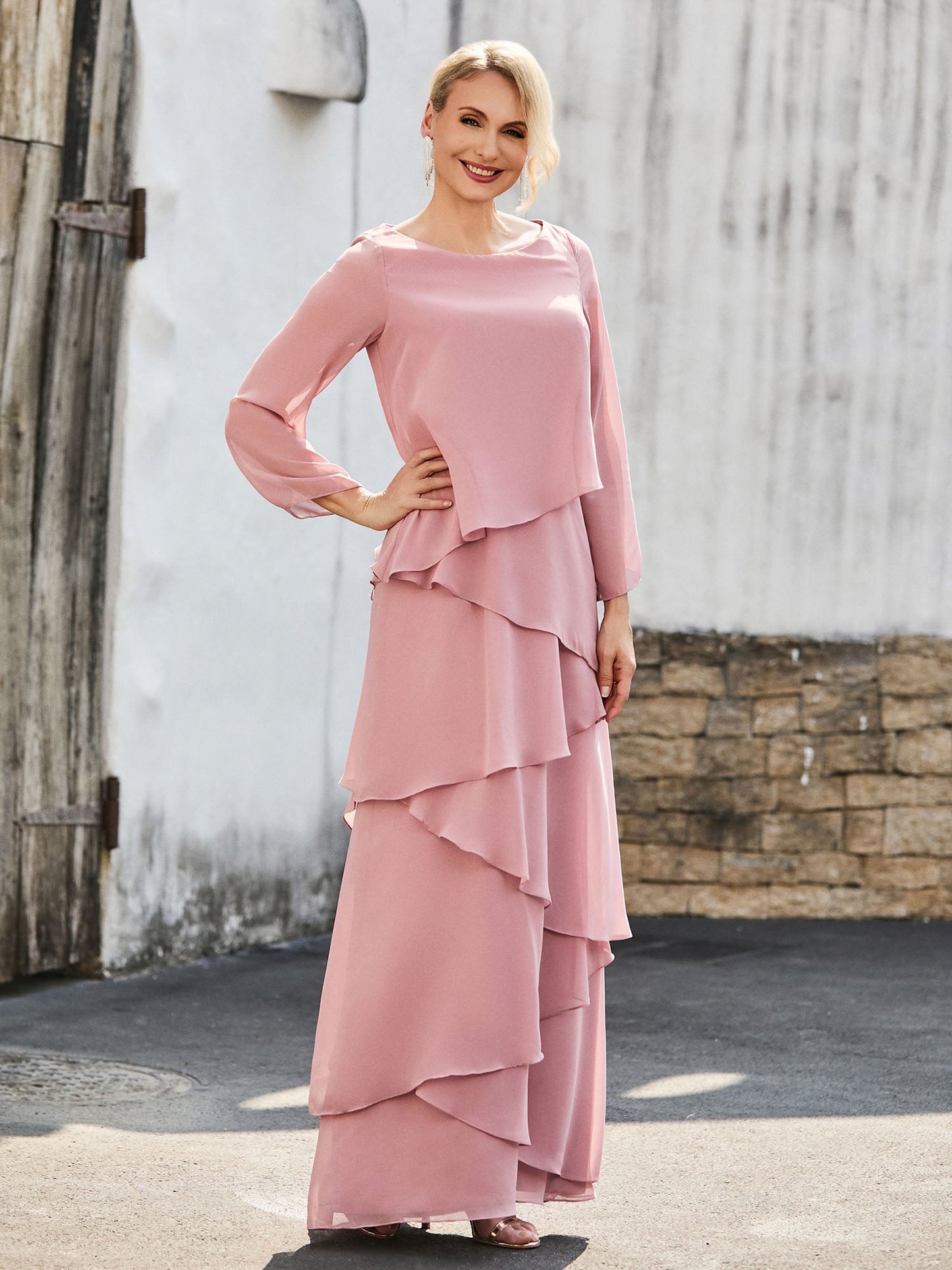 Long Sleeve Chiffon Dress with Cascading Ruffles Dusty Rose