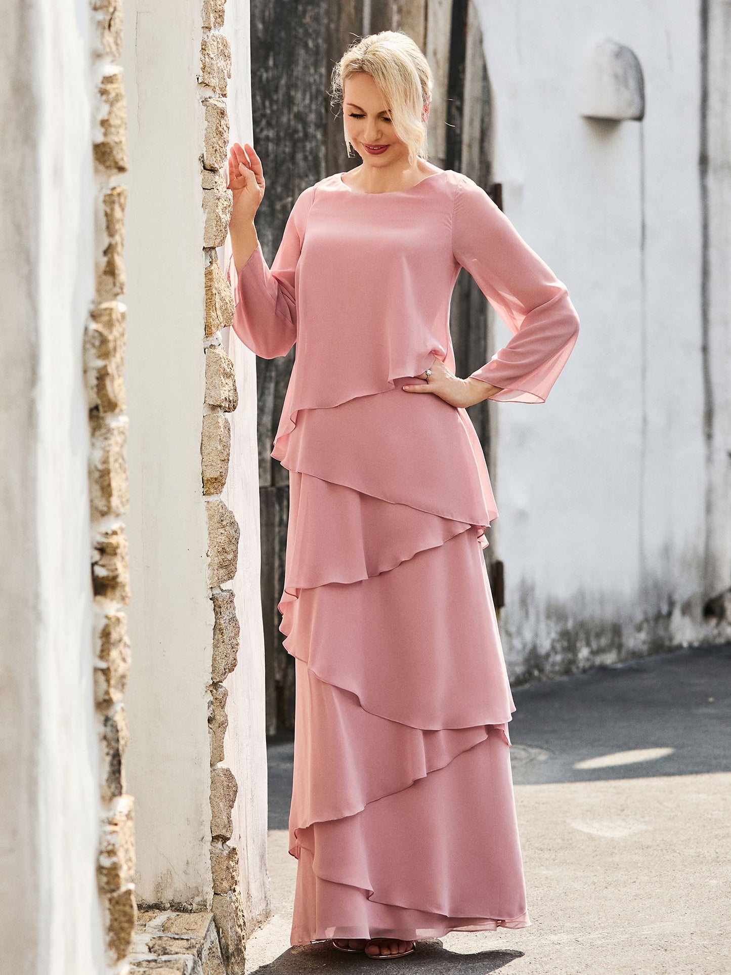 Long Sleeve Chiffon Dress with Cascading Ruffles Dusty Rose