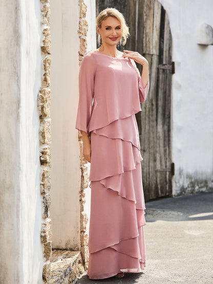 Long Sleeve Chiffon Dress with Cascading Ruffles Dusty Rose
